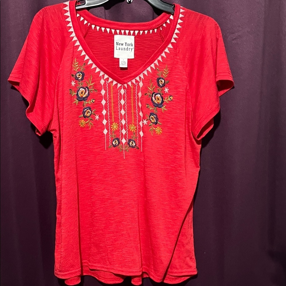 New York Laundry Red Embroidered Short Sleeve Tee